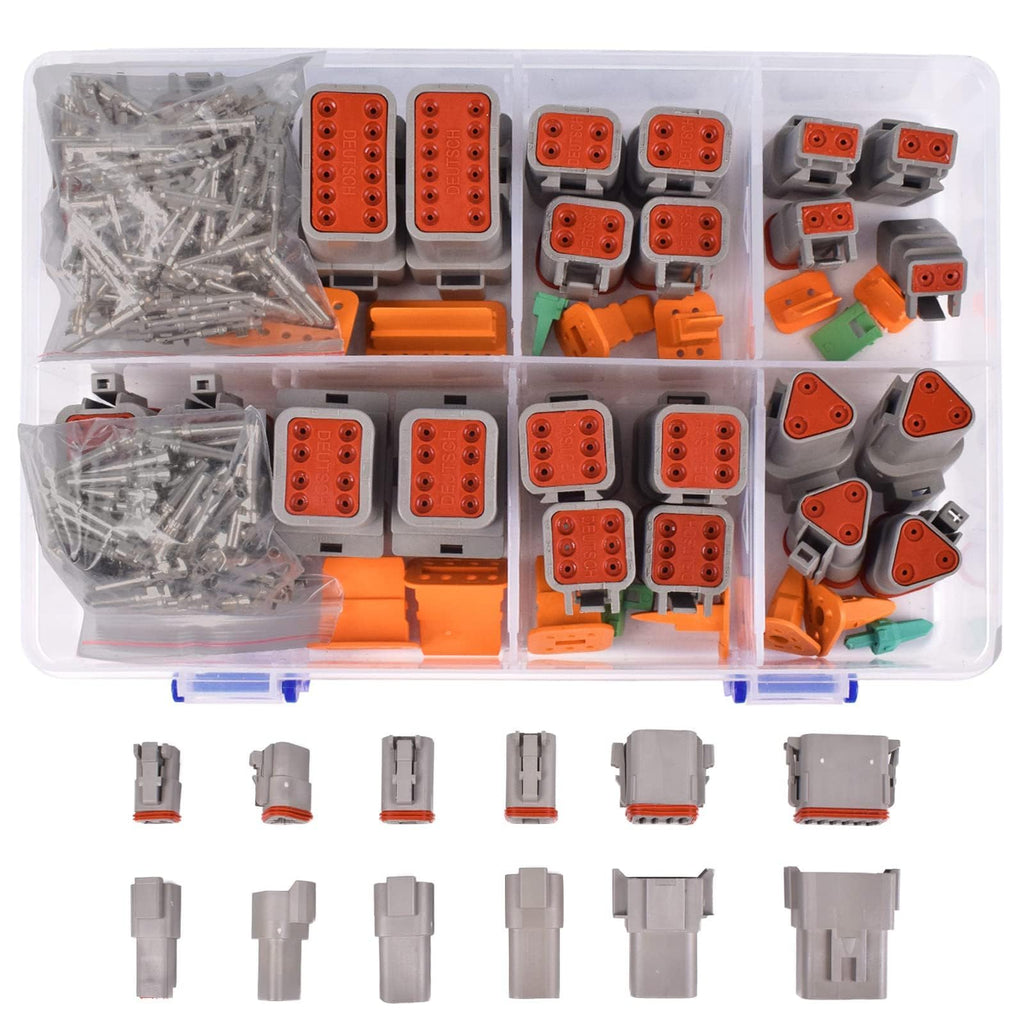 174Pcs 12 Kits DT Series DT Connector Kit 2 3 4 6 8 12 Pin Connectors with Size 16 Stamped Contacts for Deutsch Connector, IP68 Waterproof Automotive Electrical Connectors Plug