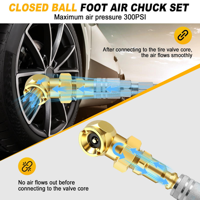 2 Pack Excellent Ball Foot Air Chuck Set, Portable Tire Chuck, 1/4" NPT Closed Flow Tire Inflator Nozzle with Quick Connect, for Air Compressor Attachments, Tire Inflator Gauge