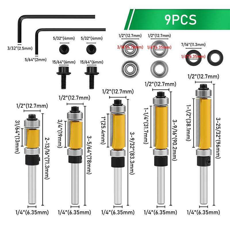 5Pcs Top and Bottom Bearing Flush Trim Router Bits Set 1/4 Inch Shank, 1/2 Inch Cutting Diameter, 33/64", 3/4", 1", 1-1/4", 1-1/2" Inch Cutting Length, with Replace Bearings and Wrenches SIZE 4