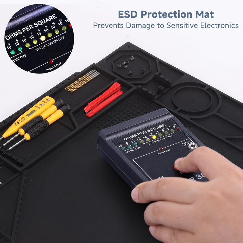 Silicone Soldering Mat with Soldering Stand, 20x14 Inch ESD Anti Static & 932°F Heat Resistant Workbench Mat for Electronics Repair, PCB, Phone, Watch, PC Building