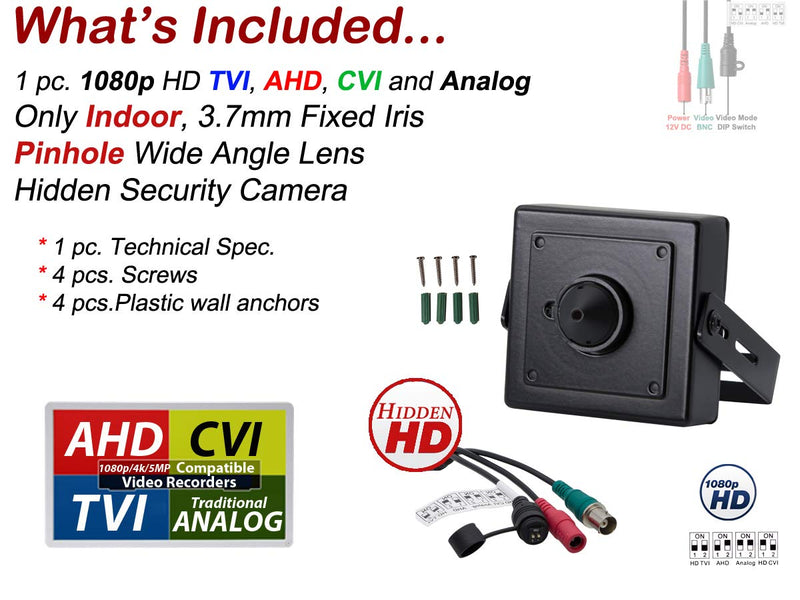 Evertech 1080p HD 4in1 AHD TVI CVI, Analog Indoor Mini Hidden Camera with Wide Angle Pinhole Lens