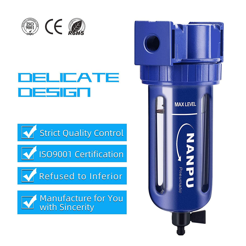 NANPU 1/4" NPT Compressed Air Filter, Zinc Alloy, 5 Micron Brass Element, Quick Release Bowl, Manual Drain, for Air Compressor ＆ Pneumatic Tools 1/4“ NPT