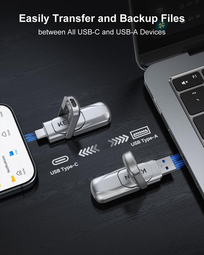 KEXIN 128GB Type C Solid State Drive up to 450MB/s USB 3.2 Gen 1 Dual USB A & USB C Flash Drive Metal for iPhone 15/16/17 Android Smartphone Tablet Game Console Windows Mac 128G silver