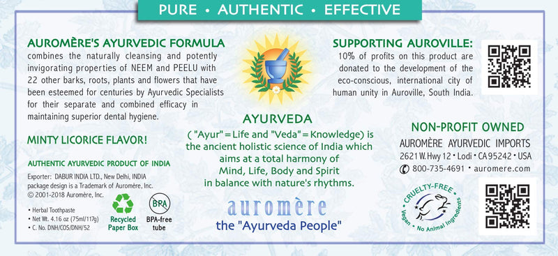 Auromere Ayurvedic Herbal Neem & Clove Toothpaste - All Natural Fluoride Free Toothpaste for Adults and Kids, Suitable for Sensitive Teeth, SLS-Free, Non GMO, Vegan, Cruelty-Free - 4 Pack Mint 4.16 Ounce (Pack of 4)