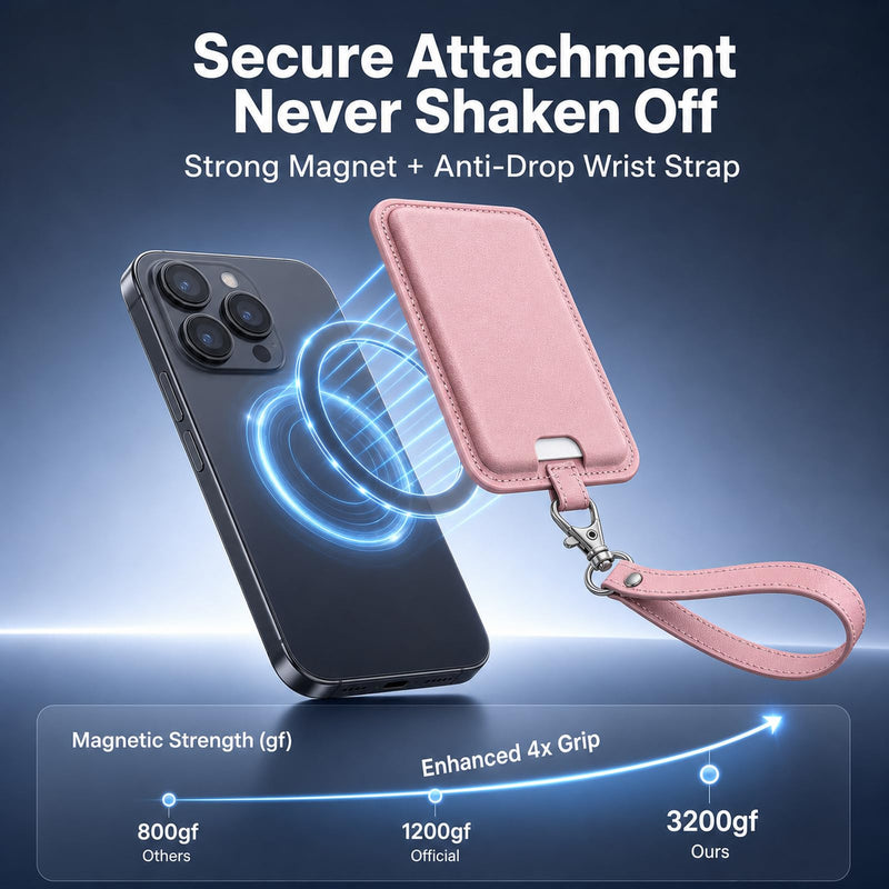 MagSafe Wallet with Wrist Strap, 3 Card Holder with RFID Blocking, MagSafe Sticker Included, Slim Magnetic Phone Wallet for iPhone 17e/17/16/15/14/13/12 Series and Selected Samsung Devices Pink