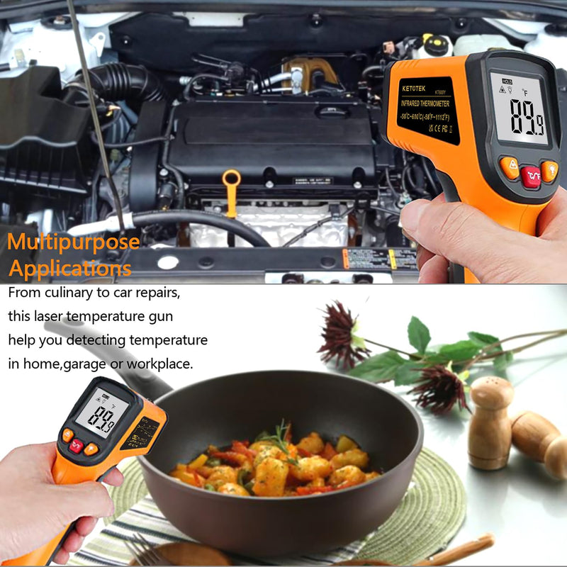 Ketotek Digital Infrared Thermometer Temperature Gun -58°F to 1112 °F(-50°C to 600°C) Handheld Non Contact IR Laser Thermometer KT600Y for Cooking Meat Refrigerator Pool Pizza Oven BBQ Food Orange