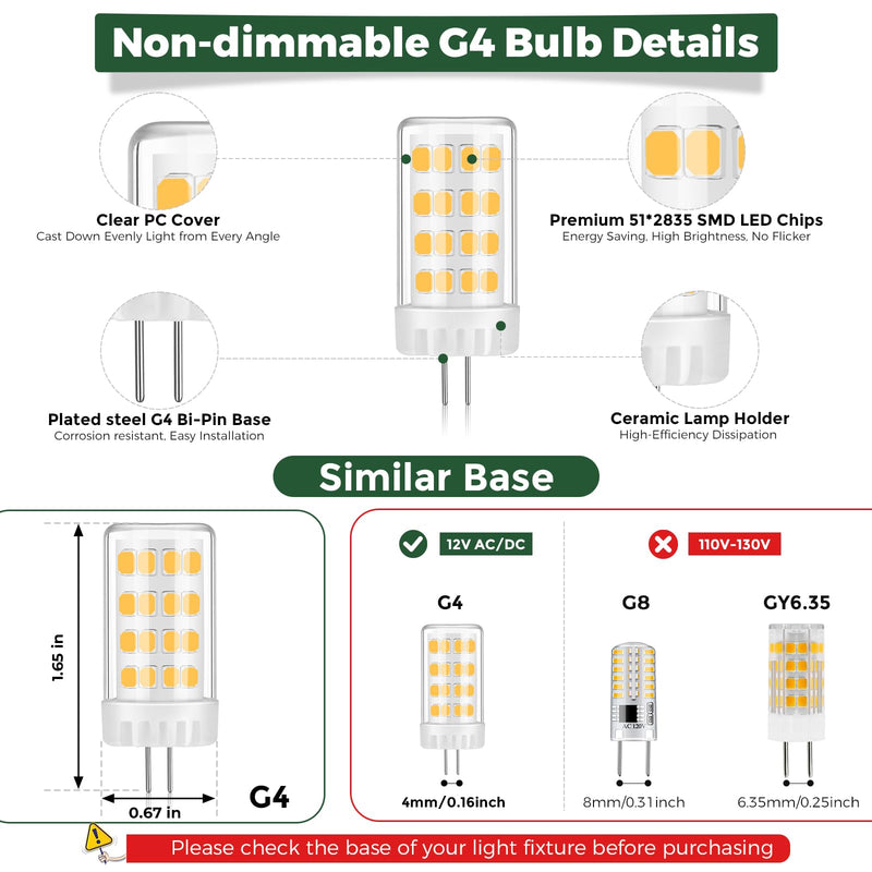 Gardencoin G4 LED Bulb 4W 480LM 2700K Warm White, 12V AC/DC, 360° Beam Angle, T3 Halogen Replacement, High-Efficiency Ceramic Base for Landscape, Cabinet, Ceiling Lights, 20 Pack