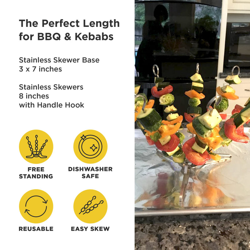 O-Yaki Flat Metal Kabob Skewer for Grilling – Set of 9 BBQ Skewers Stainless Steel with Storage Bag, Dishwasher Safe Skewers with Hook Handle & Sharp Tip for Outdoor BBQ, Cookouts & Oven Use – 8 Inch