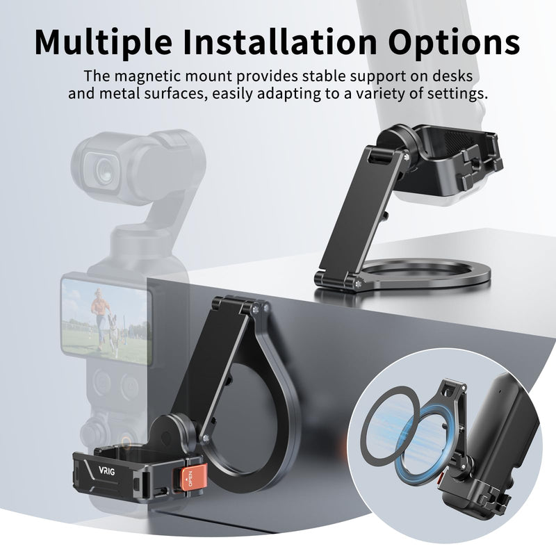 VRIG Magnetic Mount Stand for DJI Osmo Pocket 3/4/ 4P/ Xtra Muse | Camera Frame Expansion Phone Holder with 1/4 Thread and Cold Shoe, 180/270/360° Adjustment Magsafe Adapter Xtra Accessories