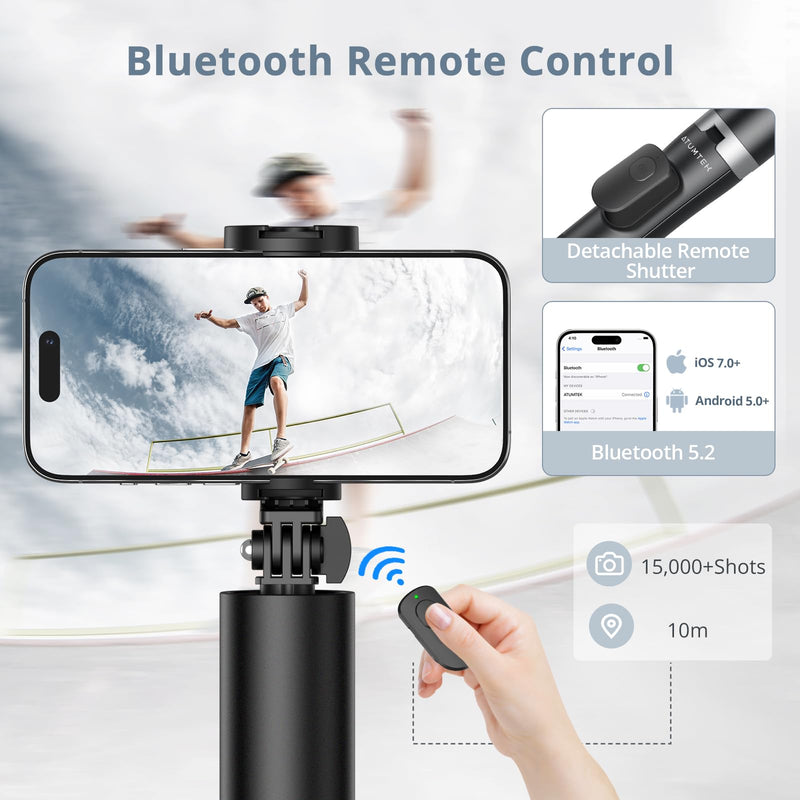 ATUMTEK 63" Phone Tripod, Extendable Selfie Stick Tripod with Bluetooth Remote, All-in-One Aluminum Phone Tripod Stand with Cold Shoe Mount for 4"-7" iPhone and Android Smartphones Black 63"