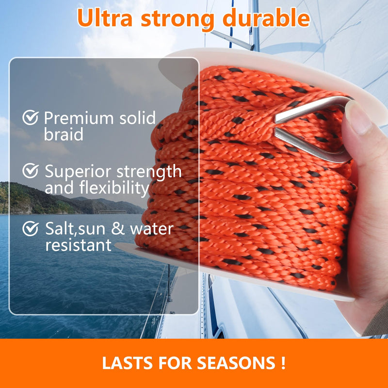 Anchor Rope 50 ft x 3/8 inch, Premium Solid Braid MFP Anchor Line, Boat Anchor Rope with 316 Stainless Steel Thimble & Shackle, Orange and Black Orange&Black 3/8inch x 50ft