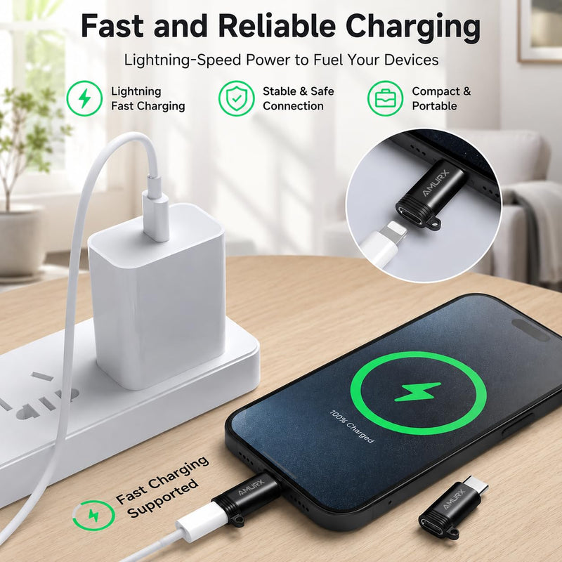 Lightning to USB C Adapter 2 Pack with Lanyards, Fast Charging, 480Mbps Data Sync, Compatible with iPhone 17/16/15 Series, iPad, Samsung Galaxy, Google Pixel, No Audio OTG Black