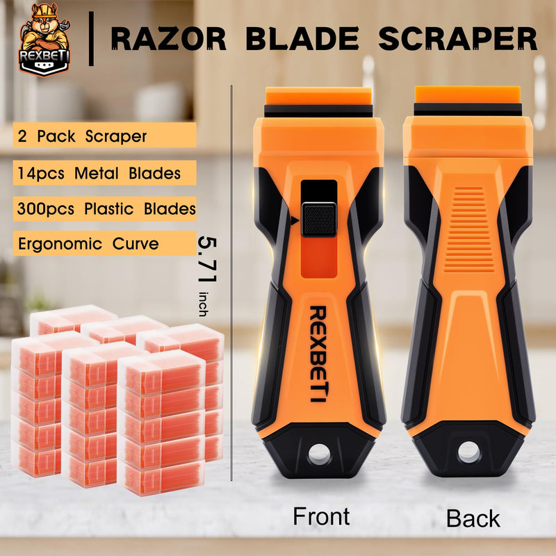 REXBETI Razor Blade Scraper Tool, 2 Pack Razor Scraper with Extra 314Pcs Razor Blades -14Pcs Metal and 300Pcs Plastic Blades, Cleaning Scraper Tool, Cooktop, Paint, Glass Scraper Upgraded 2 Pack