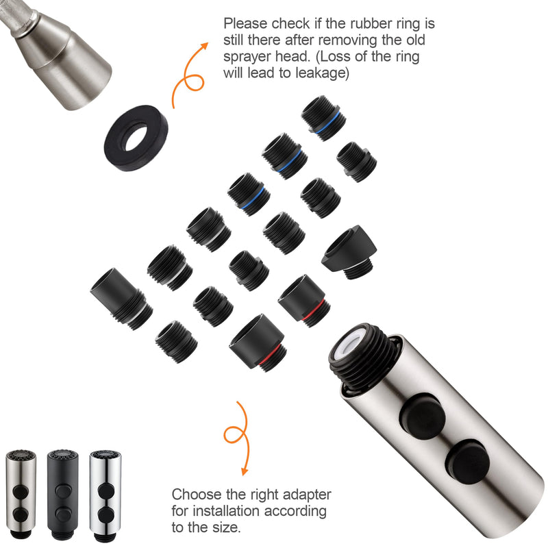 TIORIY Metal Kitchen Faucet Head Replacement, Pull Down Spray Head with 15 Adapters, 2 Function Kitchen Sink Spray Nozzle, Stainless Steel, Brushed Nickel