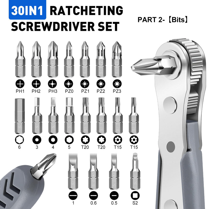 30in1 Right Angle Screwdriver, 36-Tooth Mini Ratchet Wrench, Angle Screwdriver for Tight Spaces, Low Profile Offset screwdriver, Magnetic Ratchet Screwdriver Repair Tool