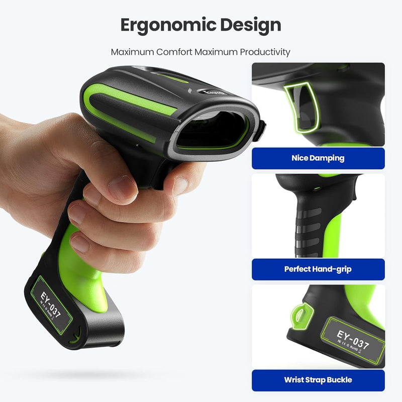 Eyoyo 2D QR Industrial Barcode Scanner with Wireless Charging Stand, Rugged Heavy Duty & IP65 Waterproof 3-in-1 Bluetooth & Wireless & USB Hands-Free Barcode Reader for Laptop Desktop Tablet Android with charging stand