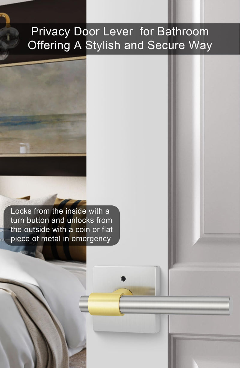Goldenwarm 1 Pack Silver and Gold Interior Door Handles, Heavy Duty Privacy Door Handles Levers, Brushed Nickel Door Handles Interior for Bedroom and Bathroom(Square, Zinc Alloy) Brushed Nickel and Gold