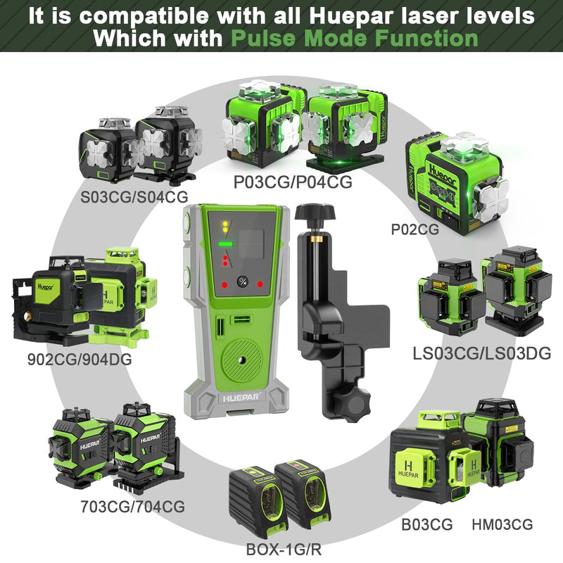 Huepar LR-8RG Laser Receiver, Compatible with All Huepar and Pro Laser Levels with Pulse Mode, ±1/17 In, Up to 200Ft, Green & Red Beams Laser Detector, Two-Sided LED Prompt, Magnet, Clamp Included