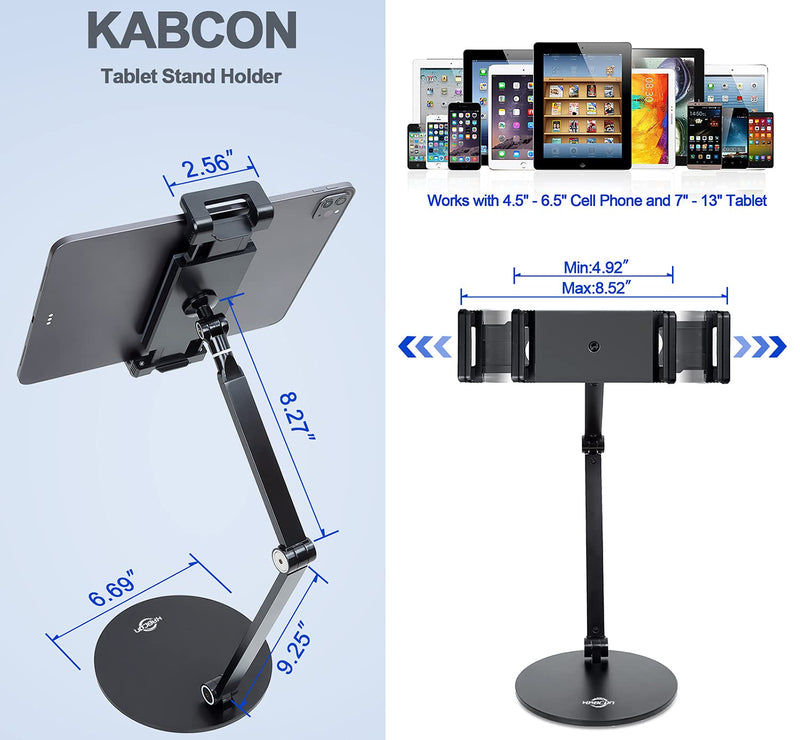 KABCON Tablet Stand,Tightness Adjustable 360°Rotatable Multi-Angle Eye-Level Aluminum Solid Long Arm Tablets Stands for iPad Series,Microsoft Surface Tablet Series,Samsung Galaxy Tabs,Kindle Fire,etc Black
