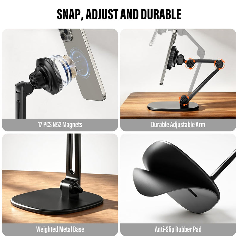 APPS2Car Qi2 15W Wireless Charger Stand Adjustable Phone Holder for Desk | 17 N52 Magnets, Built-In Cooling Fan, Height-Adjustable Foldable Arm, 360° Rotation, Weighted Anti-Slip Metal Base Black - Wireless Charging Stand
