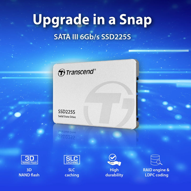 Transcend 1TB 2.5" SATA III 6Gb/s SSD, Up to 550MB/s, Compatible with PS4, Laptops, Desktops, PCs, Notebooks Upgrade, Internal Solid State Drive with SLC Cache, 3D TLC NAND, RAID Engine, LDPC Coding SSD225S