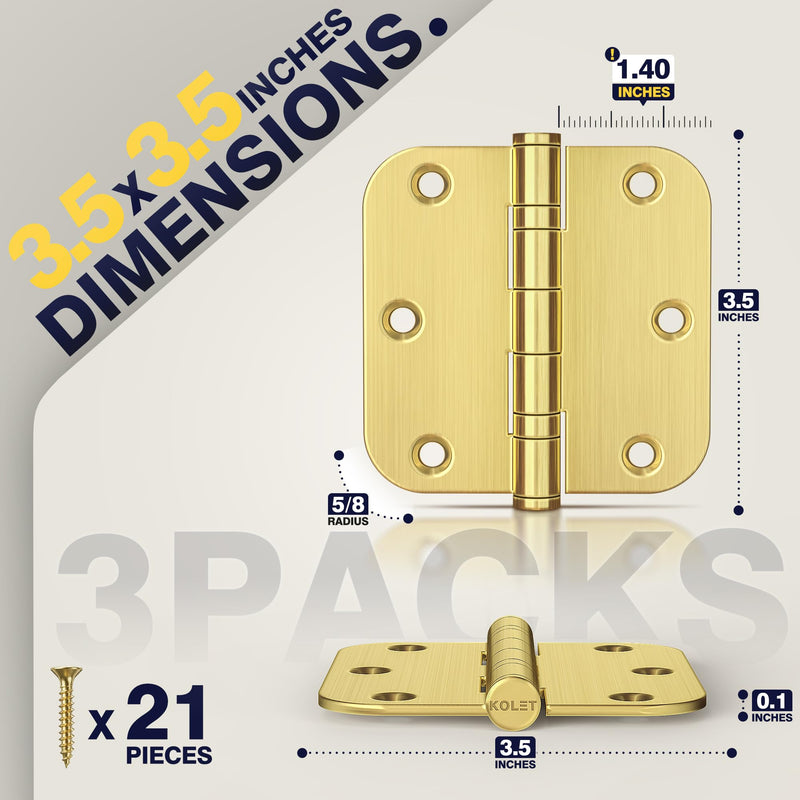 KOLET Ball Bearing Gold Door Hinges, 3.5 Inches Brushed Gold Door Hinges, 5/8'' Radius Corner Heavy Duty Stainless Steel Hinges, Smooth and Quiet, Non Removable Pin, Brushed Gold, 3 Pack