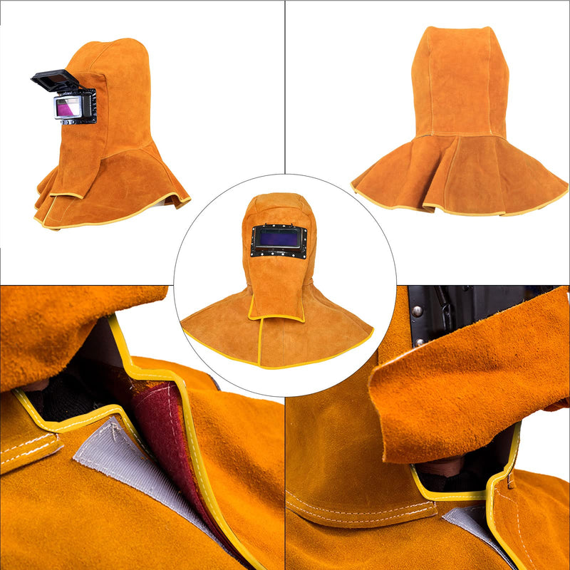 Upgraded Cowhide Leather Welding Hood with Solar Auto Darkening Filter Lens Mask,Full Protective Welder Hood Welding Helmet with Neck Shoulder Protective,Welding Flame Heat Resistant Work Cap Hat