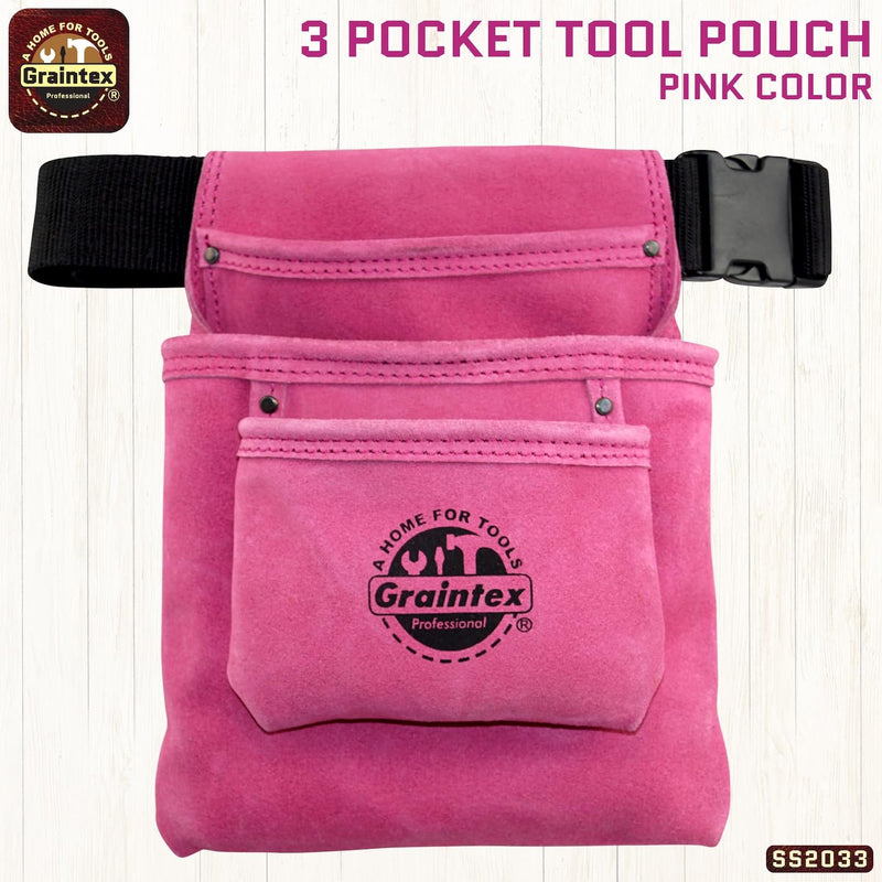 Graintex SS2033 3 Pocket Nail & Tool Pouch Pink Color Suede Leather with 2â€ Webbing Belt for Constructors, Electricians, Plumbers, Handymen