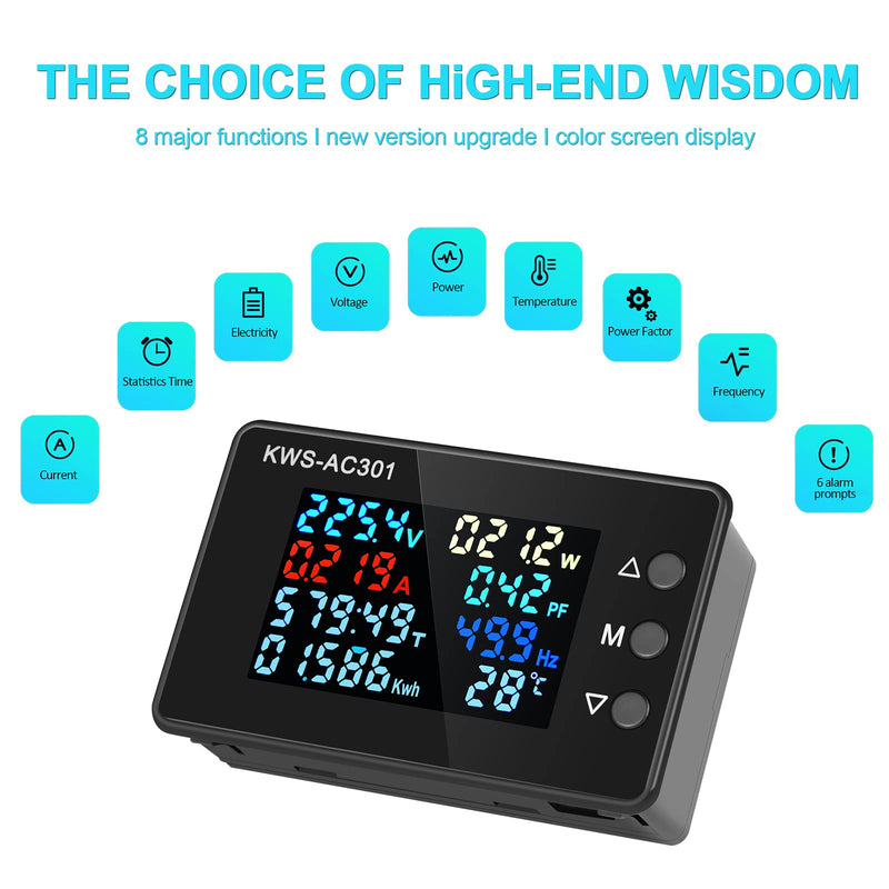 AC Voltmeter Ammeter 50-300V 0-100A Digital Multimeter 110V 220V LCD HD Display Current Voltmeter With Closed Current Transformer 8 In 1 Multifunction Electric Energy Meter Power Detector 100A with Closed Current Transformer