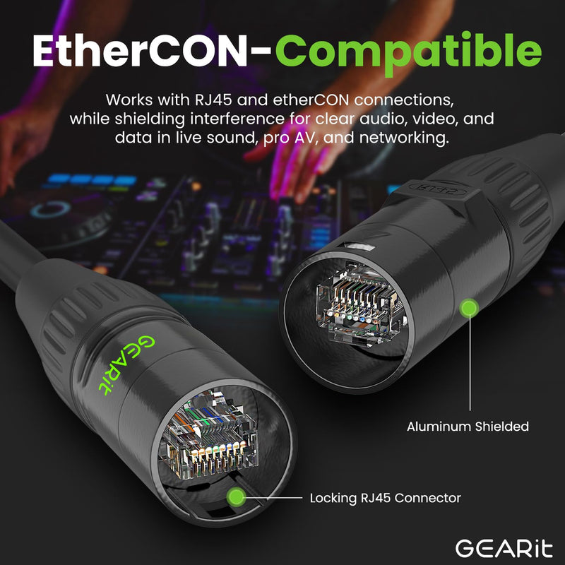 GEARit Shielded CAT6 Ethercon Cable (30 Feet) Professional Audio & Lighting RJ45 EtherCON-Compatible Cable for Studio, Stage, Concerts - 30ft Black 30 Feet