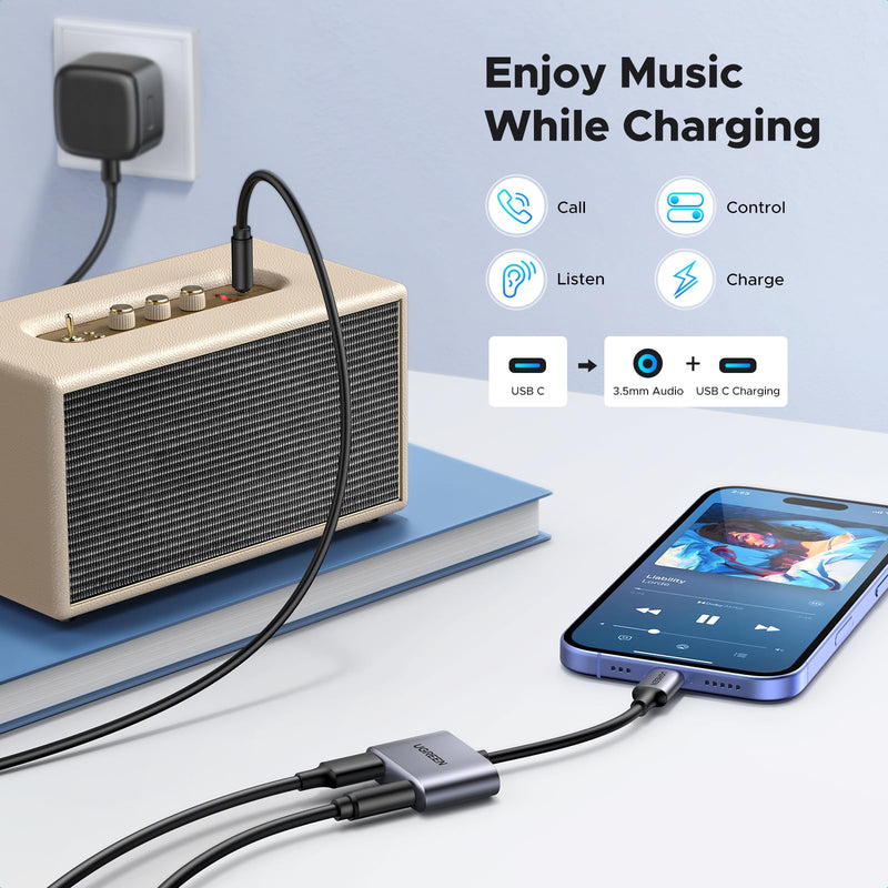UGREEN USB C to 3.5mm Audio and Charger Adapter 2 in 1 | 24bit/96kHz,Type C to Aux Headphone Jack with PD 60W Charging Dongle for Earbuds Compatible with iPhone Galaxy iPad Switch 2