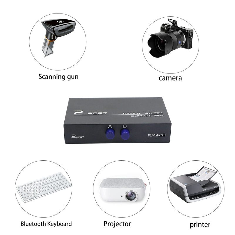 QIANRENON Printer Sharing Adapter, 2-Port USB 2.0 Switch for Sharing USB Devices Between 2 Computers, Includes 2 Pack USB 2.0 Male Cable