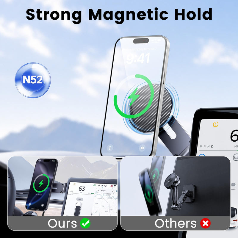 Tesla Phone Mount with 15W MagSafe Fast Charging, Foldable Hidden Car Holder for Tesla Model 3 / Y/Cybertruck, 360° Rotatable Dashboard Screen Bracket with Ultra-Strong N52 Magnets