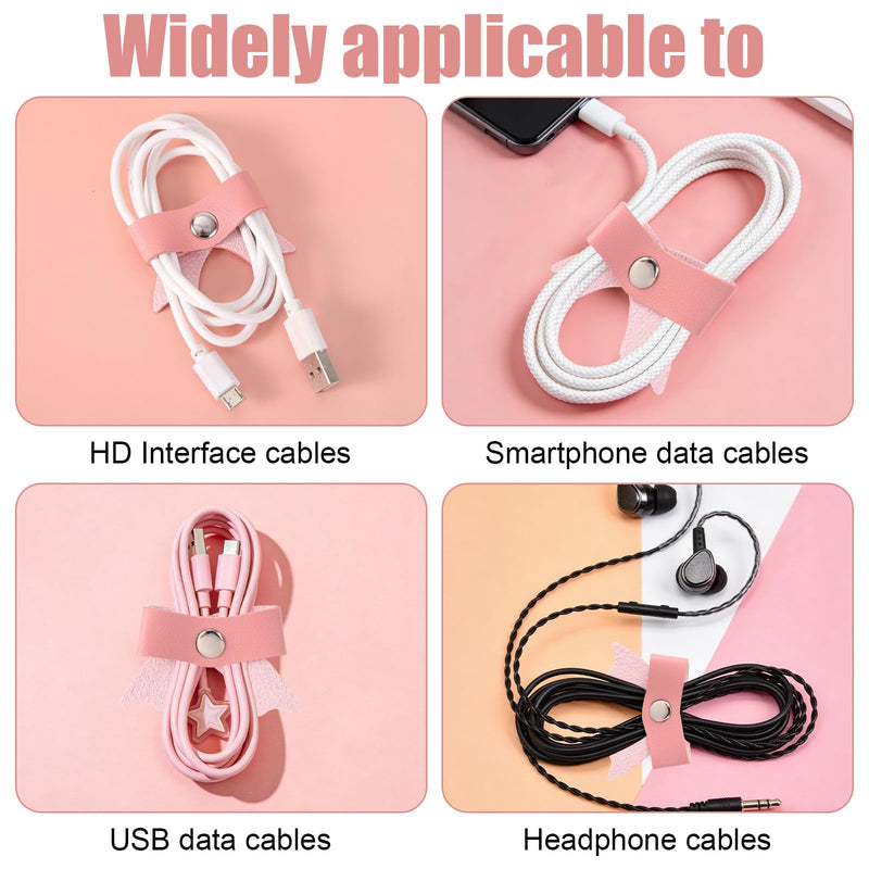 10pcs Pink Bow Cord Organizers, PU Leather Cable Holder Straps Bowknot Electronic Device Cord Management Ties for Storing Chargers and Earphones