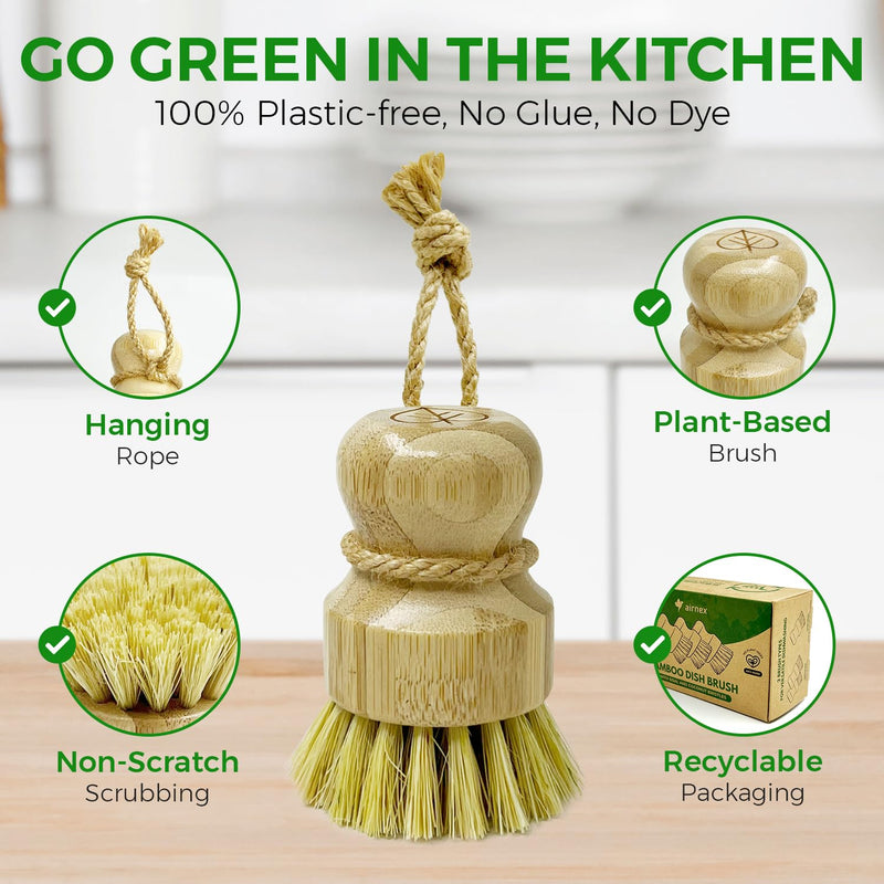 Bamboo Dish Brush Set of 3-100% Plastic Free Kitchen Scrubber with Medium Stiff Sisal and Strong Blend of Coconut Bristles - Non Scratch, Odor Free Wood Scrub for Pots, Pans and Vegetables 3 Pack