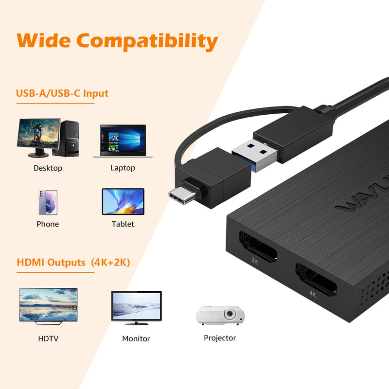 WAVLINK USB 3.0/C to Dual HDMI Adapter, Universal Video Graphics Adapter for Dual Monitors, Thunderbolt 3/4, 4K@30Hz+1080P@60Hz for Windows, M1/M2 Mac OS, NOT Support for Linux & iPad OS