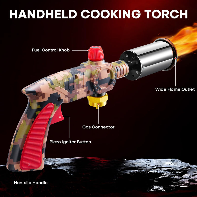 Propane Torch, Cooking Blow Torch Gun, Charcoal Lighter, Flame Thrower, Kitchen Food Torch Head for Grill, Sous Vide, BBQ (Tank Not Included) (Camouflage-B) Brown