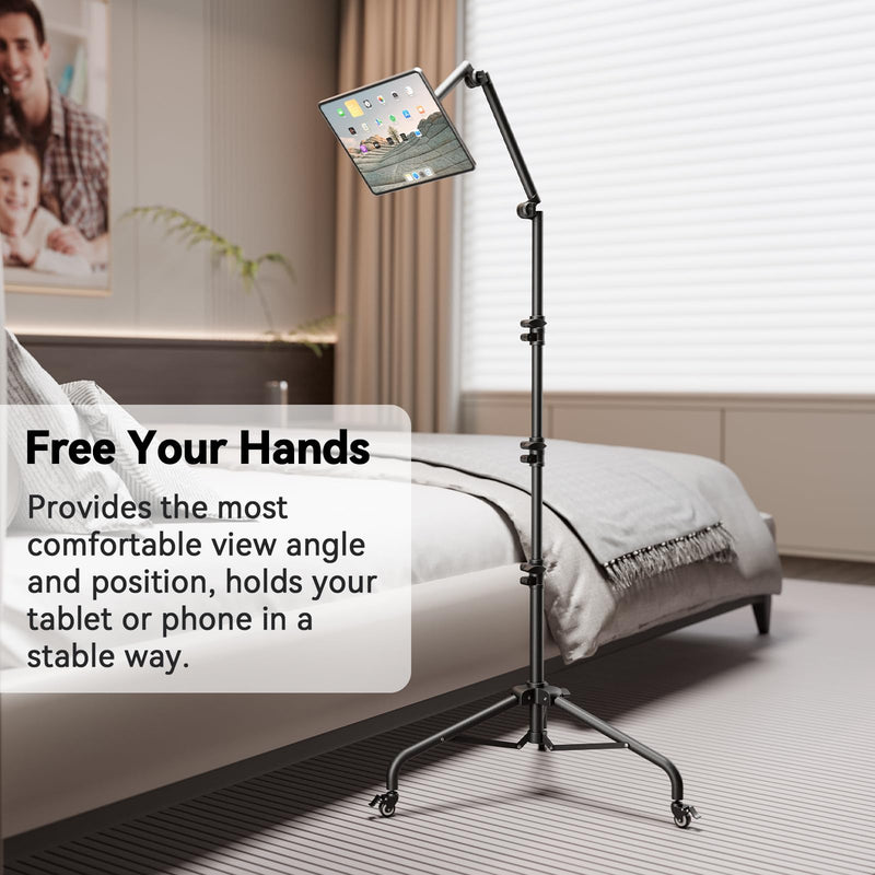 Takerers for Rolling iPad Stand Floor with Casters, Tablet Floor Stand Tripod for Ring Light/iPad/Phones/Mic/DSLR Camera, 1/4'' 3/8'' 5/8'' Screw, Ball Head, 3-Section Detachable Articulating Arm