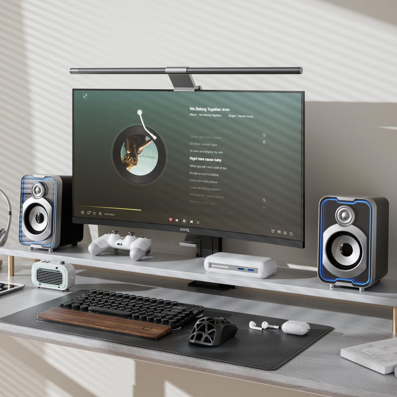 SOULION 2.0 Computer Speakers, 10W USB-Powered Bluetooth Wired PC Speakers with Easy-Control Pod for Desktop, Tiny Desk Soundbar with 5 Mirror-Like LED Light Modes for Monitor Laptop - Black Modern