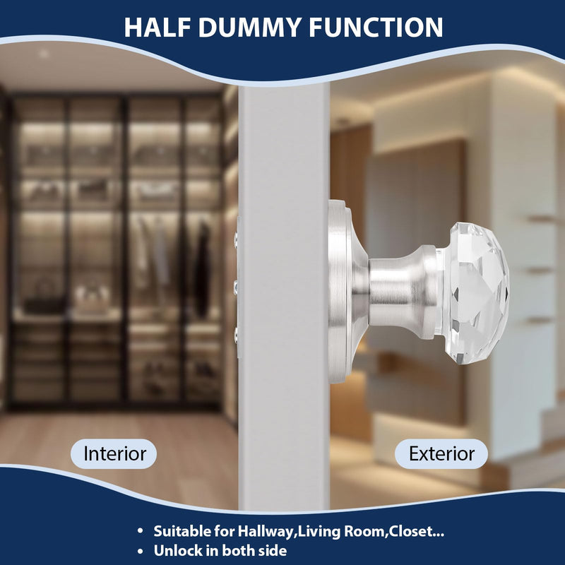 Orger Dummy Crystal Door Knobs with Diamond Shape in Satin Nickel Finish, Inactive Non-Turning Single Side Interior Dummy Handles for French Door/Cloakroom, 2 Pack Stain Nickel