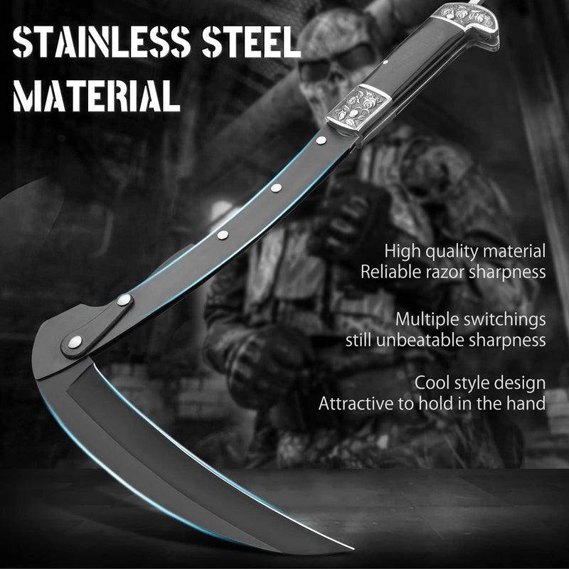 VALHALLA Folding Sickle, Black Sharp Folding Scythe with 2 Sections, Hand Sickle Knife Wooden Handle, Portable Safety Sickle Knife with Sheath
