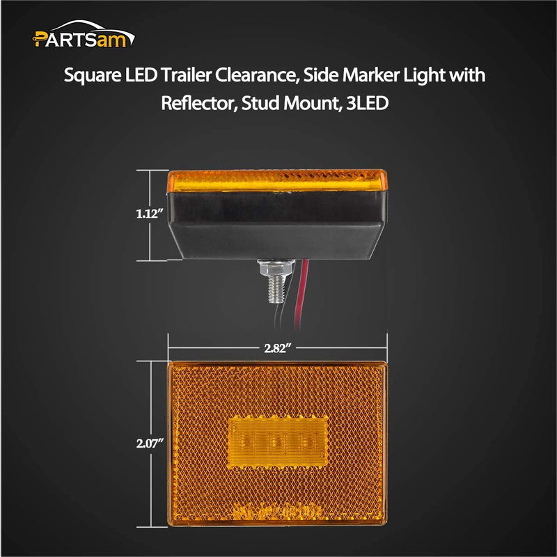 Partsam (2 Amber 3 LED Square Stud Mount Clearance Side Marker Lights Trailer Camper w reflex, 12v Led Truck Trailer Reflective Rectangular Side Clearance Marker Lights with Reflex Reflector