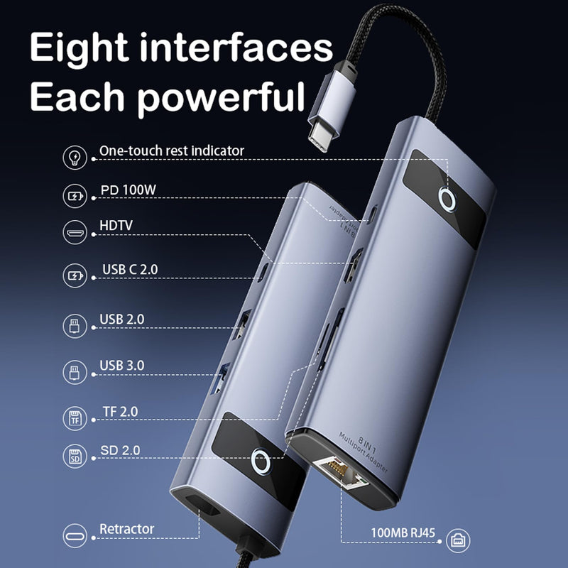 KAGO USB C to Ethernet HDMI Adapter,8 in 1 Docking Station Hub,USB-A 2.0/3.0,Type-C Data Ports,4K@30Hz HDMI,100W PD,SD/TF Card Reader,100M RJ45 for MacBook Pro/Air,iPad Pro,iPhone 15/Pro Max 8 in1