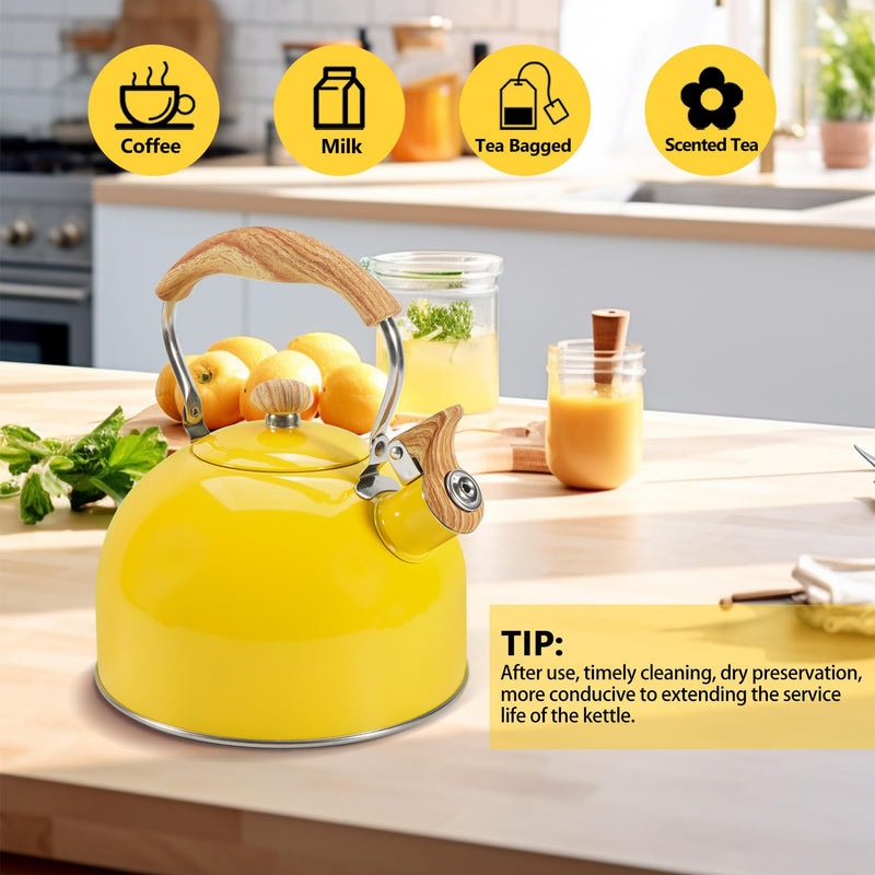 Tea Kettle,Whistling Tea Kettle Stovetop 2.6 Quart, Tea Pots for Stove Top Food Grade Stainless Steel,Wood Pattern Handle(Yellow),With Anti Scald Towel Yellow
