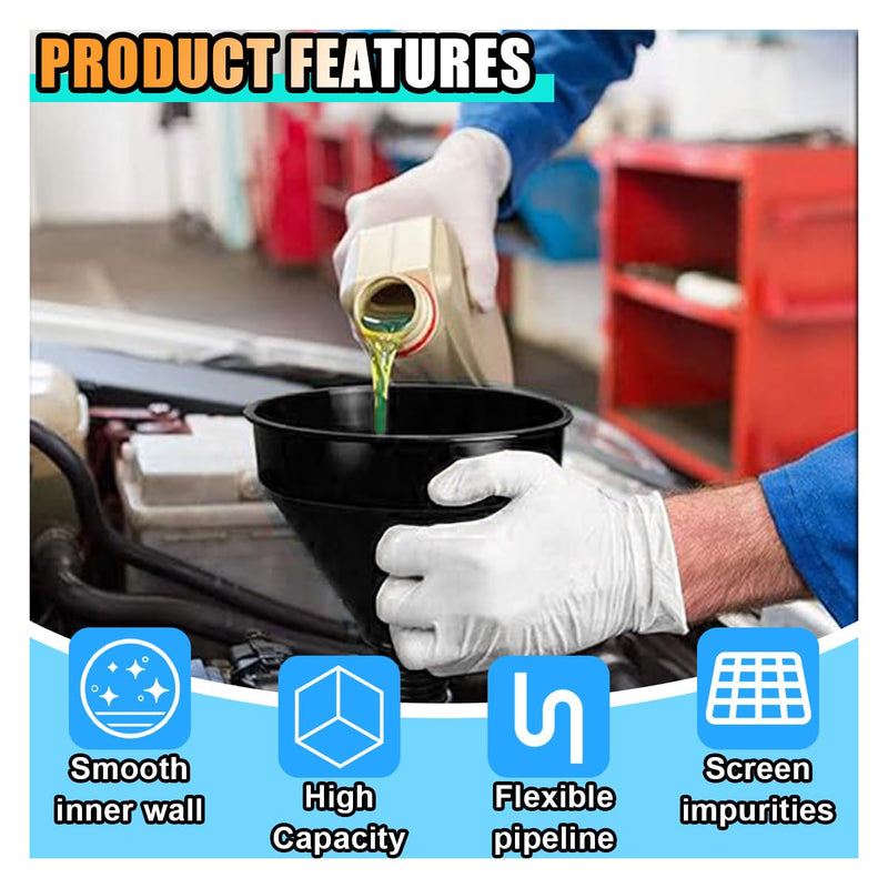 Wide Mouth Oil Funnel with Handle, Automotive Flex Funnel with Flexible Spout Extension Nozzle Hose Mesh Screen Filter for Cars Motorcycles Engine Oil, Liquid, Diesel, Kerosene, Gasoline 1 Black
