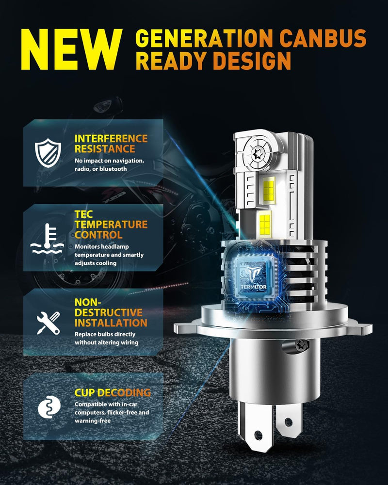  [AUSTRALIA] - Upgraded H4/9003/HB2 Light bulb Hi/Low Beam, 50000LM 1000% Super Brighter, 6500K Cool White, H4 9003 Fog Light Bulbs with Cooling Fan, 1:1 Halogen Size, Pack of 2 Headlight Lenses H4/HB2