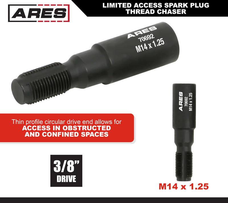 ARES 70692 – M14 x 1.25 Limited Access Spark Plug Thread Chaser Tool – Low Profile Design for Confined Areas – 5/8-Inch Hex Head with 3/8-Inch Square Drive Design for Superior Versatility