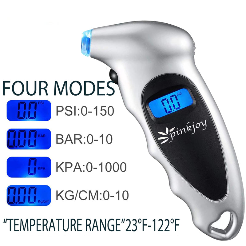 PINKJOY Digital Tire Pressure Gauge 2 Pack 150 PSI, 4 Settings, Tire Gauge for Car, Truck, Motorcycle, Bicycle with Backlit LCD and Non-Slip Grip (Silver) Silver 2 Pack