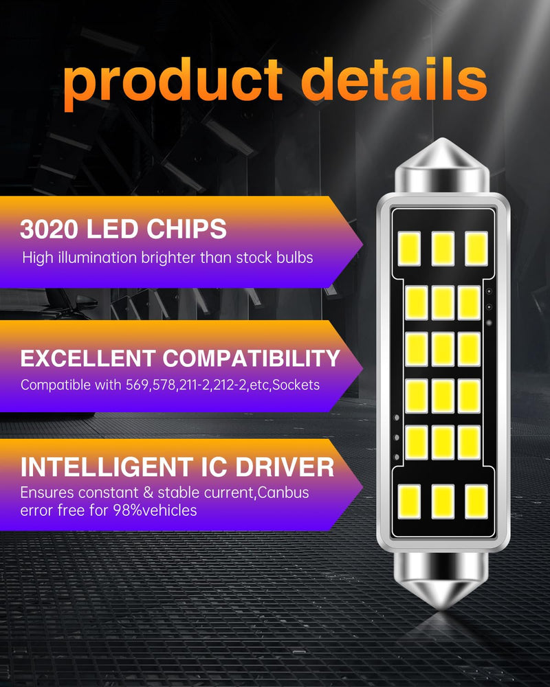 LUYED 569 578 211-2 212-2 LED Bulbs 1280 Lumens Extremely Bright 3020 18-EX Chipsets 1.6 inches 41mm LED Bulbs Used for Car Interior Map Dome Lights,Xenon White,Pack of 2 Xenon White
