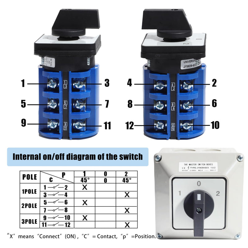 3 Phase Rotary Changeover Switch 690V 63A Universal Cam Conversion Switch 3 Position 12Terminal Main Switch Box JYW29-63/3 D303